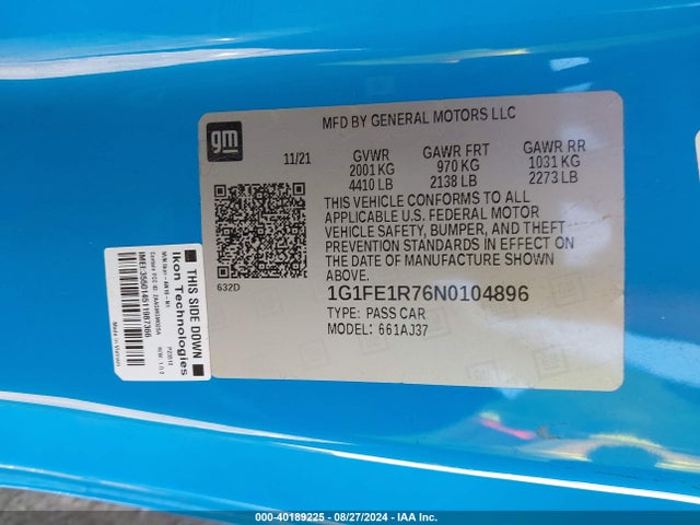 Chevrolet Camaro Rwd  Lt1 2022 1G1FE1R76N0104896 Image 9