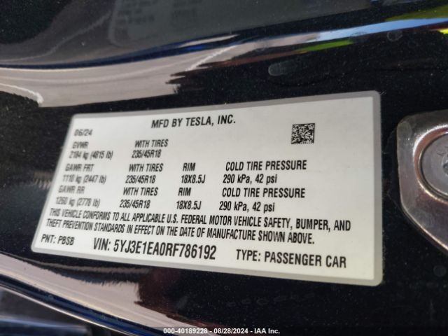 2024 TESLA MODEL 3 5YJ3E1EA0RF786192 Photo 8