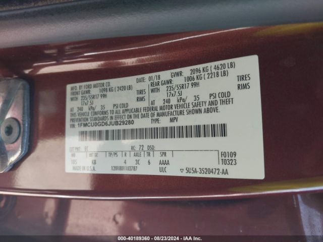 1FMCU0GD6JUB29280 Ford ESCAPE SE