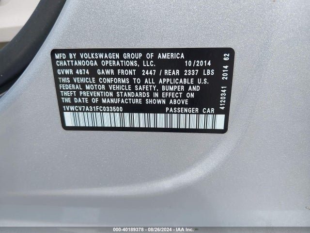 1VWCV7A31FC033500 Volkswagen Passat 2.0l Tdi Sel Premium