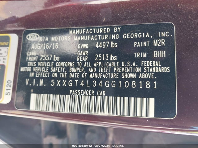 KIA Optima Lx 2016 5XXGT4L34GG108181 Image 9