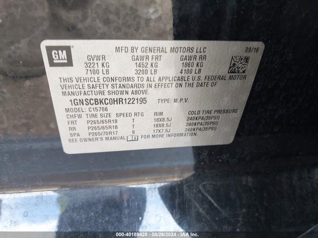 1GNSCBKC0HR122195 Chevrolet l83 - sidi: spark ignited direct injection, vvt: variable valve timing, afm, e85 max, alum