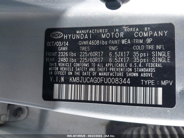 Hyundai TUCSON SE 2015 KM8JUCAG0FU008344 Image 9