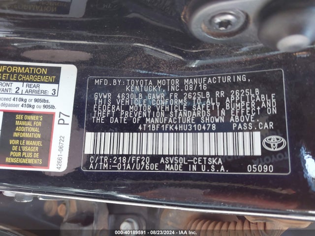 Toyota CAMRY SE 2017 4T1BF1FK4HU310478 Image 9