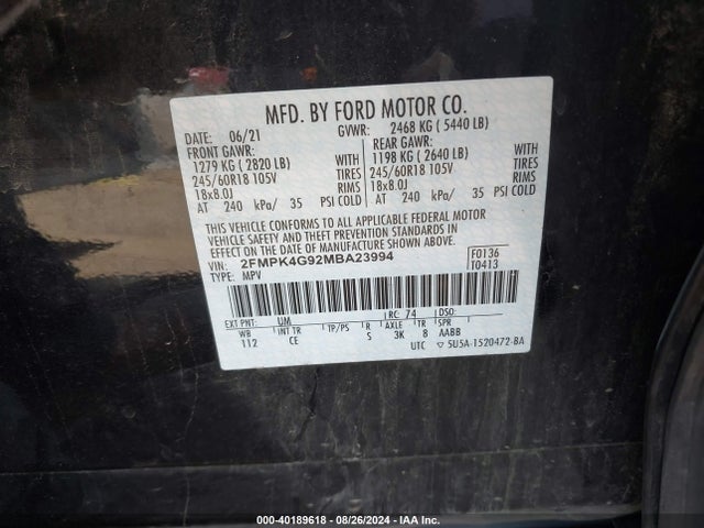 Ford EDGE SE 2021 2FMPK4G92MBA23994 Image 9