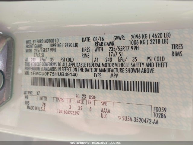 Ford ESCAPE S 2017 1FMCU0F75HUB49140 Image 9