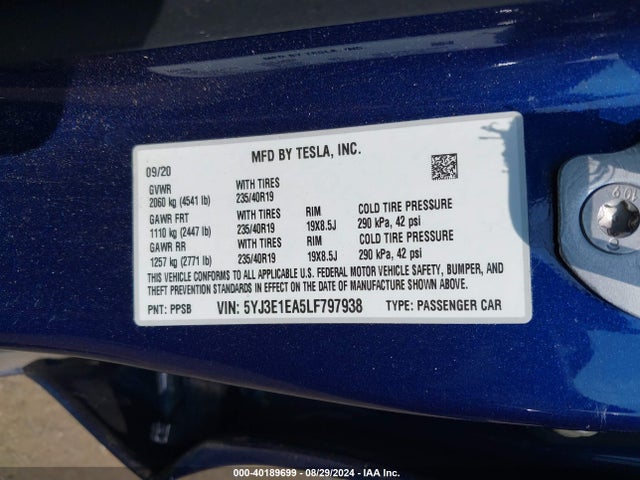 2020 TESLA MODEL 3 5YJ3E1EA5LF797938 Photo 8