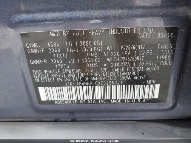 Subaru Outback 2.5i Limited 2014 4S4BRBLCXE3295321 Image 9