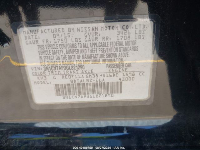 3N1CN7AP3GL821290 Nissan Versa 1.6 S/1.6 S+/1.6 Sl/1.6 Sv