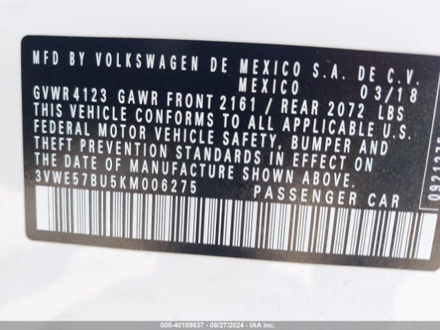 3VWE57BU5KM006275 Volkswagen Jetta 1.4t Sel