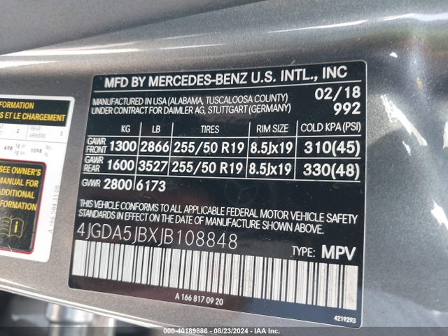 4JGDA5JBXJB108848 Mercedes-Benz GLE 350