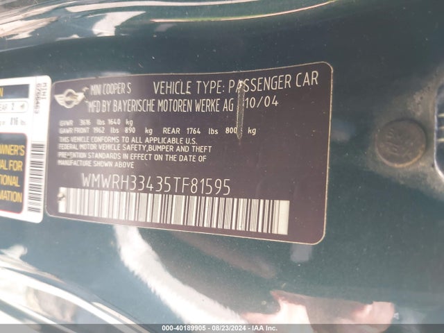 2005 MINI COOPER S WMWRH33435TF81595 Photo 8