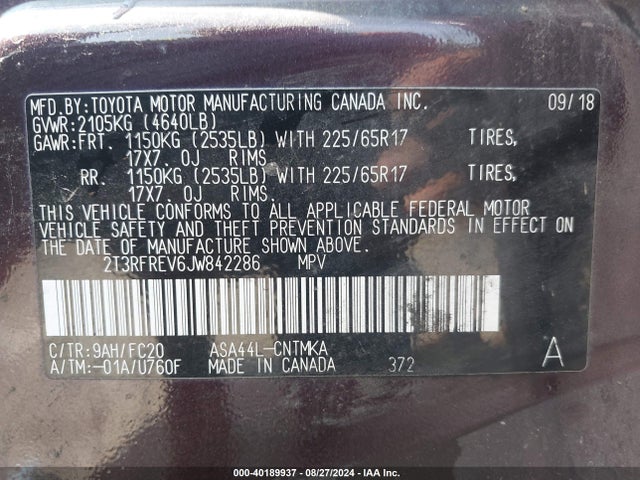 Toyota Rav4 Xle 2018 2T3RFREV6JW842286 Image 9
