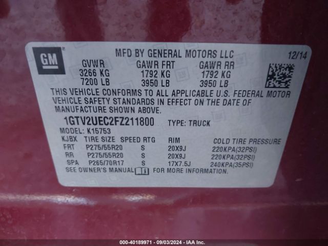 2015 GMC SIERRA 1500 1GTV2UEC2FZ211800 Photo 8