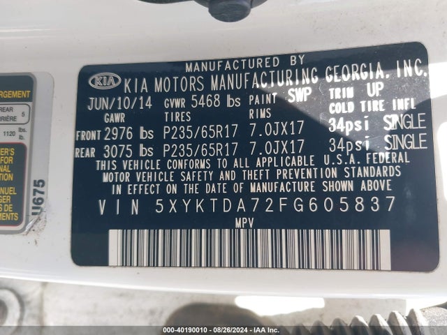 KIA Sorento Lx V6 2015 5XYKTDA72FG605837 Image 9