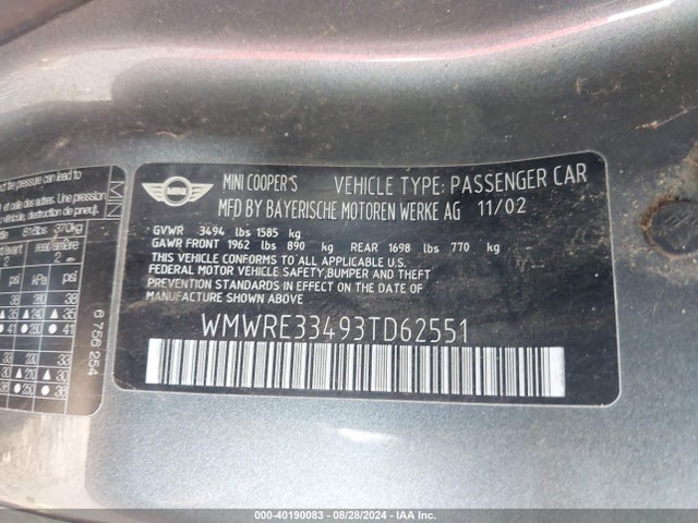 2003 MINI COOPER S WMWRE33493TD62551 Photo 8