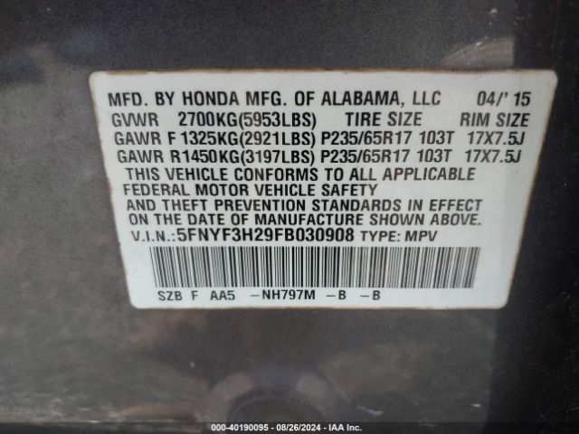 5FNYF3H29FB030908 Honda PILOT LX