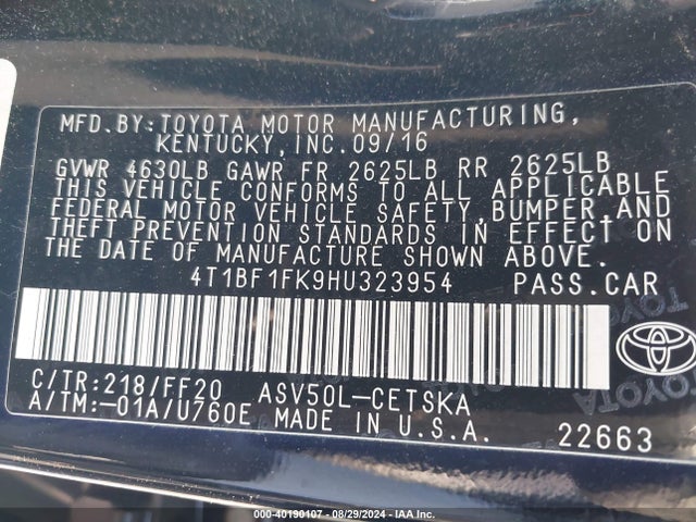 Toyota CAMRY SE 2017 4T1BF1FK9HU323954 Image 9