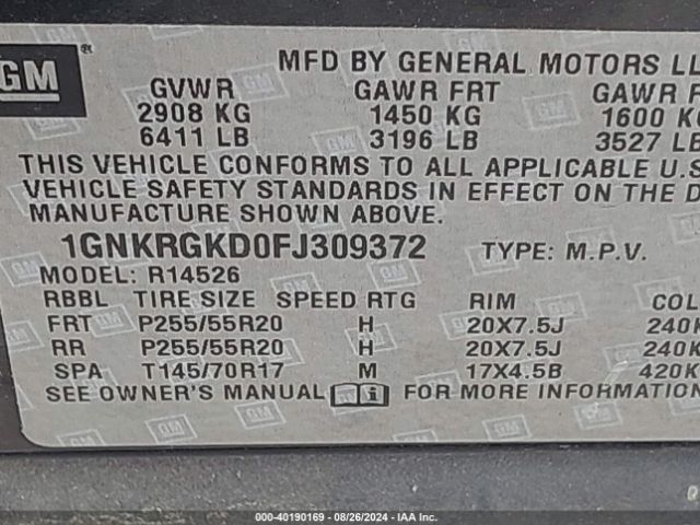 1GNKRGKD0FJ309372 Chevrolet Traverse 1lt
