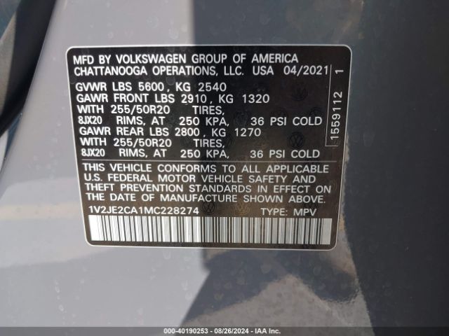 1V2JE2CA1MC228274 Volkswagen Atlas Cross Sport 3.6l V6 Se W/technology