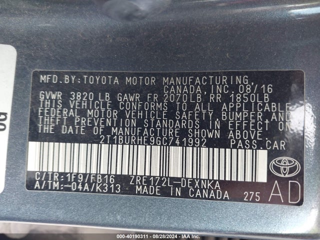 Toyota COROLLA LE 2016 2T1BURHE9GC741992 Image 9