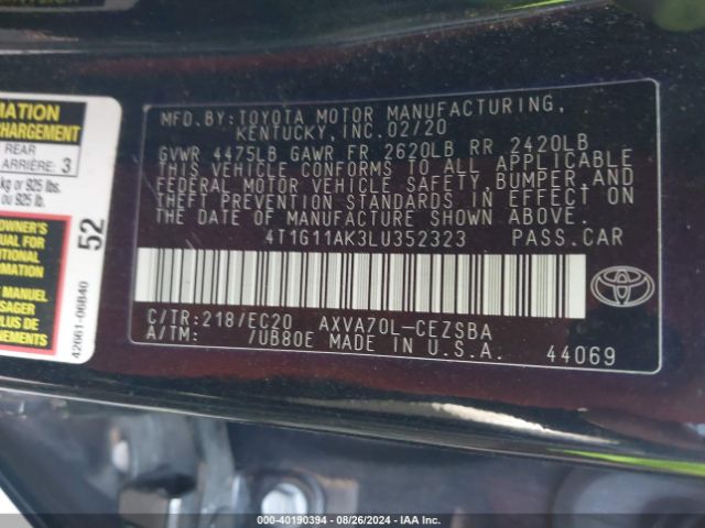 4T1G11AK3LU352323 Toyota Camry Se Nightshade Edition