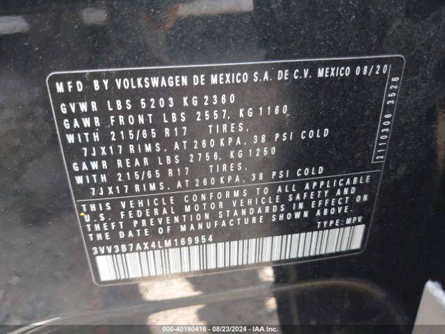 3VV3B7AX4LM169954 Volkswagen Tiguan 2.0t Se/2.0t Se R-line Black/2.0t Sel