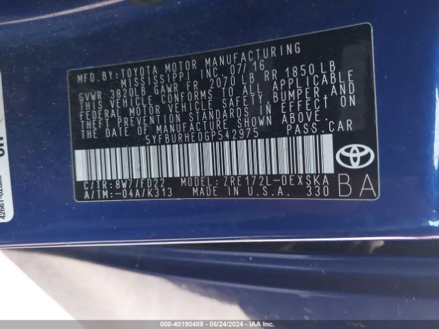 5YFBURHE0GP542975 Toyota Corolla S Plus