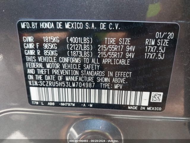 3CZRU5H53LM704987 Honda Hr-v 2wd Ex