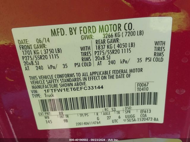 1FTFW1ET6EFC33144 Ford F-150 Platinum