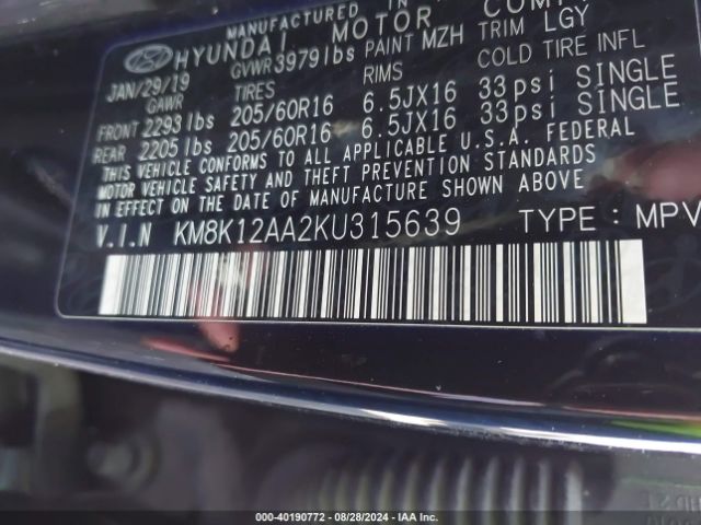 KM8K12AA2KU315639 Hyundai Kona Se