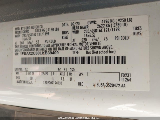 Ford Transit-350 Passenger Van Xl 2020 1FBAX2C80LKB39409 Image 9