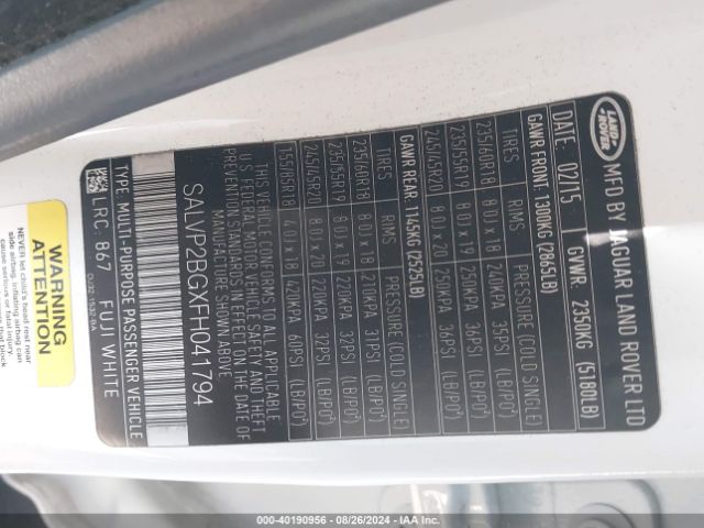 SALVP2BGXFH041794 Land Rover Range Rover Evoque Pure