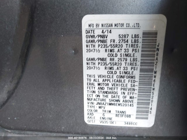 Nissan Murano Le 2014 JN8AZ1MW6EW520145 Image 9