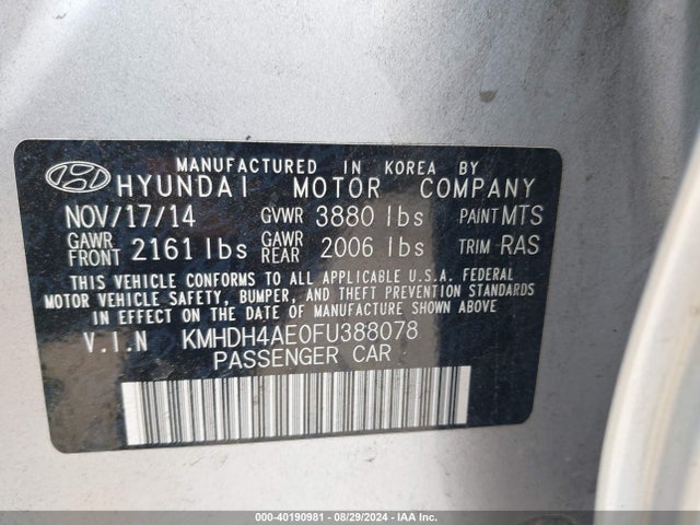 Hyundai ELANTRA SE 2015 KMHDH4AE0FU388078 Image 9