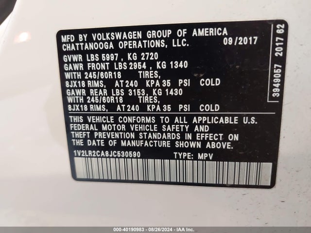 1V2LR2CA8JC530590 Volkswagen Atlas 3.6l V6 Se/3.6l V6 Se W/technology