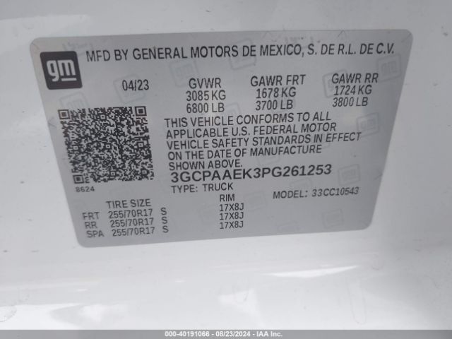 3GCPAAEK3PG261253 Chevrolet Silverado 1500 2wd  Short Bed Wt