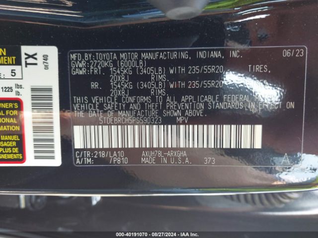 5TDEBRCH5PS590323 Toyota Highlander Hybrid Platinum