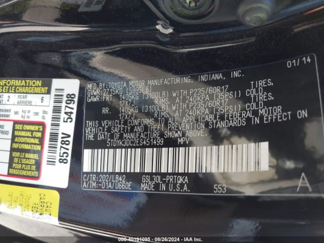 5TDYK3DC2ES451499 Toyota Sienna Xle V6 8 Passenger