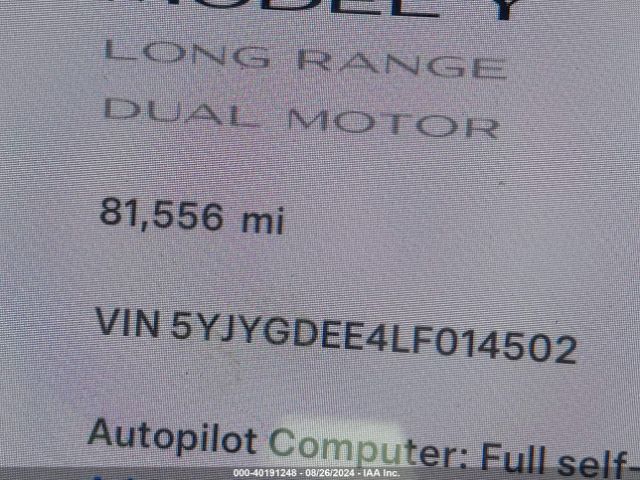 5YJYGDEE4LF014502 Tesla Model Y Long Range Dual Motor All-wheel Drive