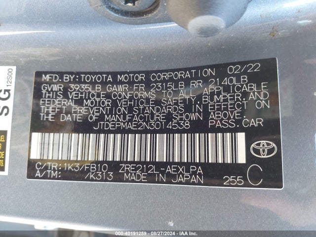 Toyota COROLLA LE 2022 JTDEPMAE2N3014538 Image 9