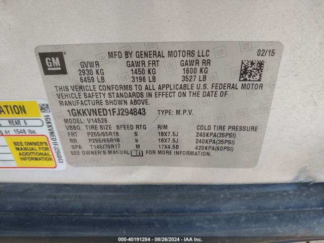 1GKKVNED1FJ294843 GMC Acadia Sle-1