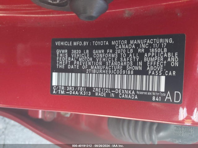 Toyota COROLLA LE 2018 2T1BURHE9JC009188 Image 9