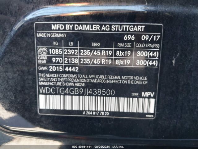 WDCTG4GB9JJ438500 Mercedes-Benz Gla 250 4matic