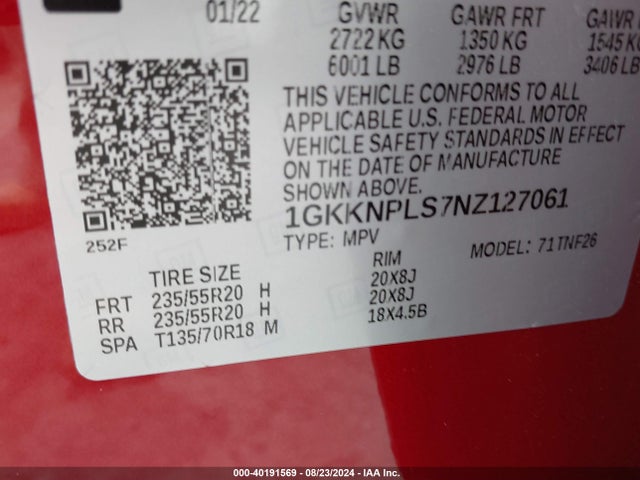 1GKKNPLS7NZ127061 GMC Acadia Fwd Denali
