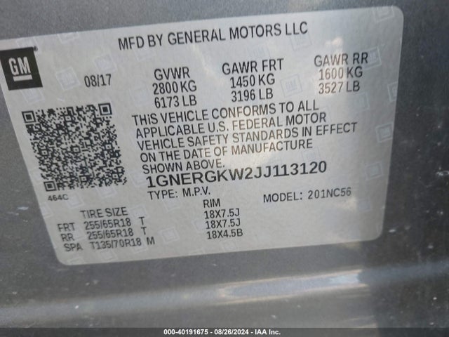 Chevrolet Traverse 1lt 2018 1GNERGKW2JJ113120 Image 9