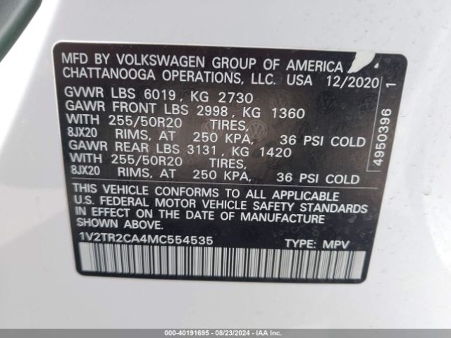 1V2TR2CA4MC554535 Volkswagen Atlas 3.6l V6 Sel Premium