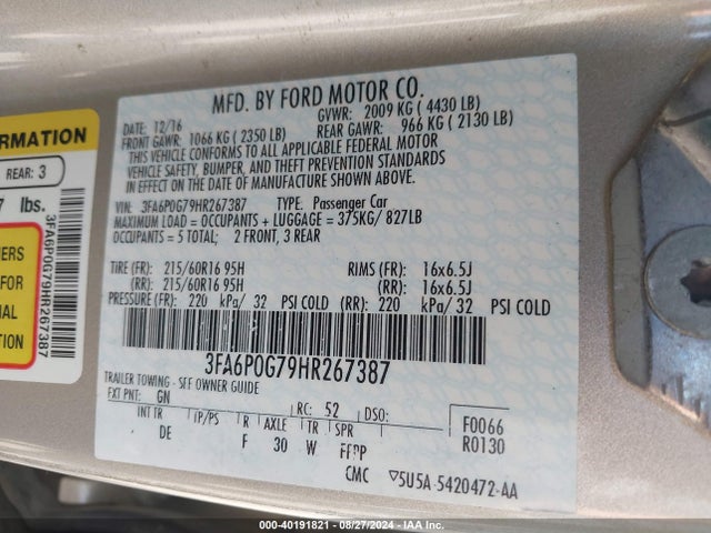 Продажа на аукционе авто 2017 Ford Fusion S, vin: 3FA6P0G79HR267387, номер лота: 40191821