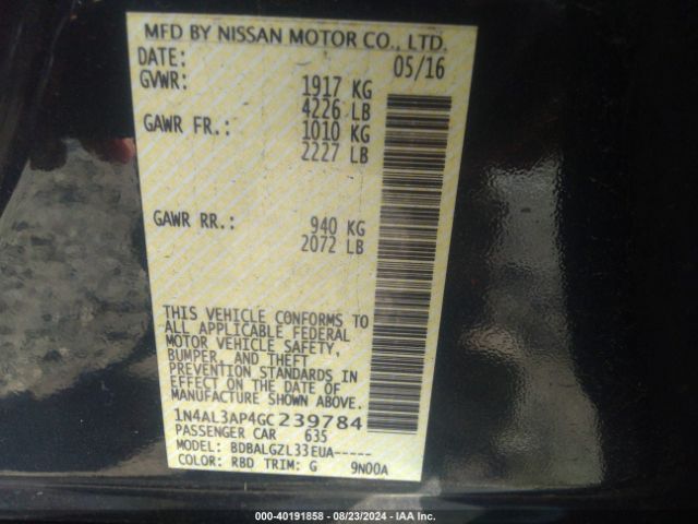 1N4AL3AP4GC239784 Nissan Altima 2.5/2.5 S/2.5 Sl/2.5 Sr/2.5 Sv