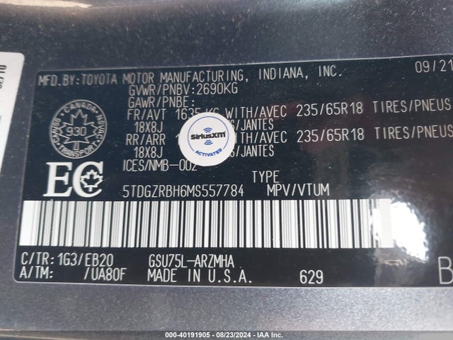 Toyota Highlander Xle 2021 5TDGZRBH6MS557784 Image 9